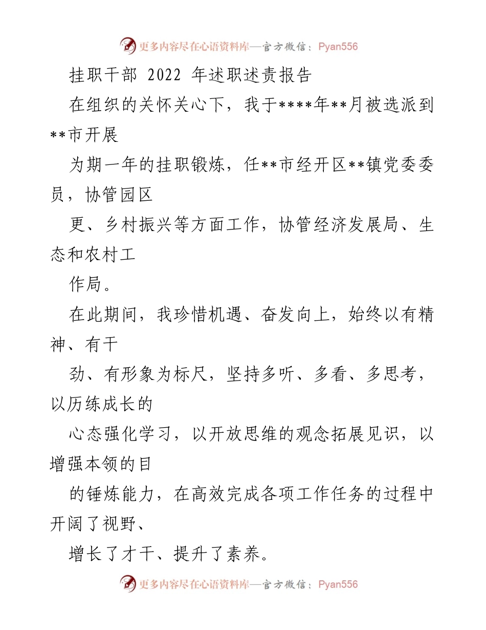 [述职报告] 挂职干部 - 2022年度挂职干部述职述责总结报告.docx_第1页
