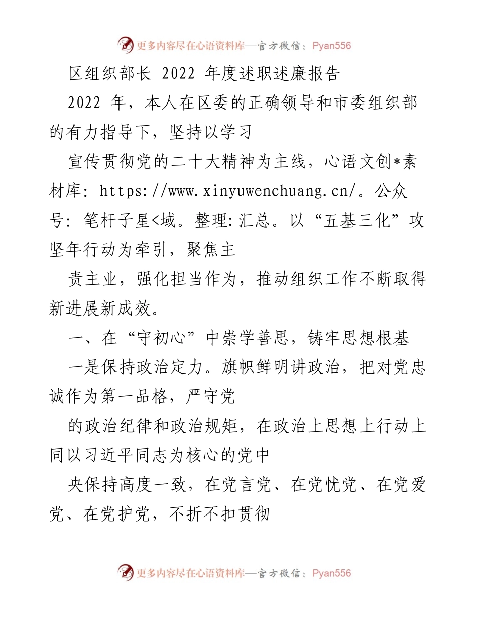 [述职报告] 组织工作会议 - 2022年度区组织部长述职述廉报告.docx_第1页