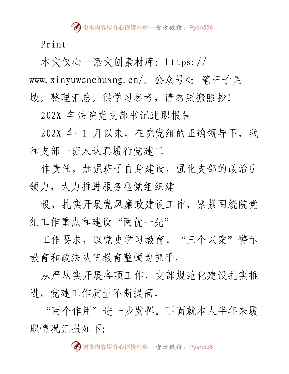 [述职报告] 法院党支部 - 202X年法院党支部书记述职报告_1.docx_第1页