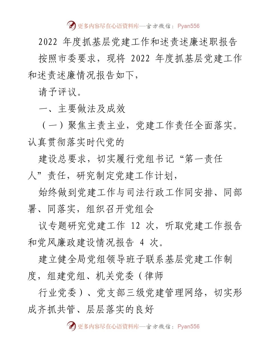[述责述廉述职报告] 2022年度基层党建工作总结 - 党建工作成效与责任落实报告.docx_第1页