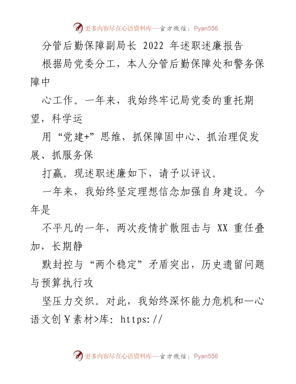 [述职报告] 年度总结 - 2022年后勤保障副局长述职述廉报告.docx_第1页
