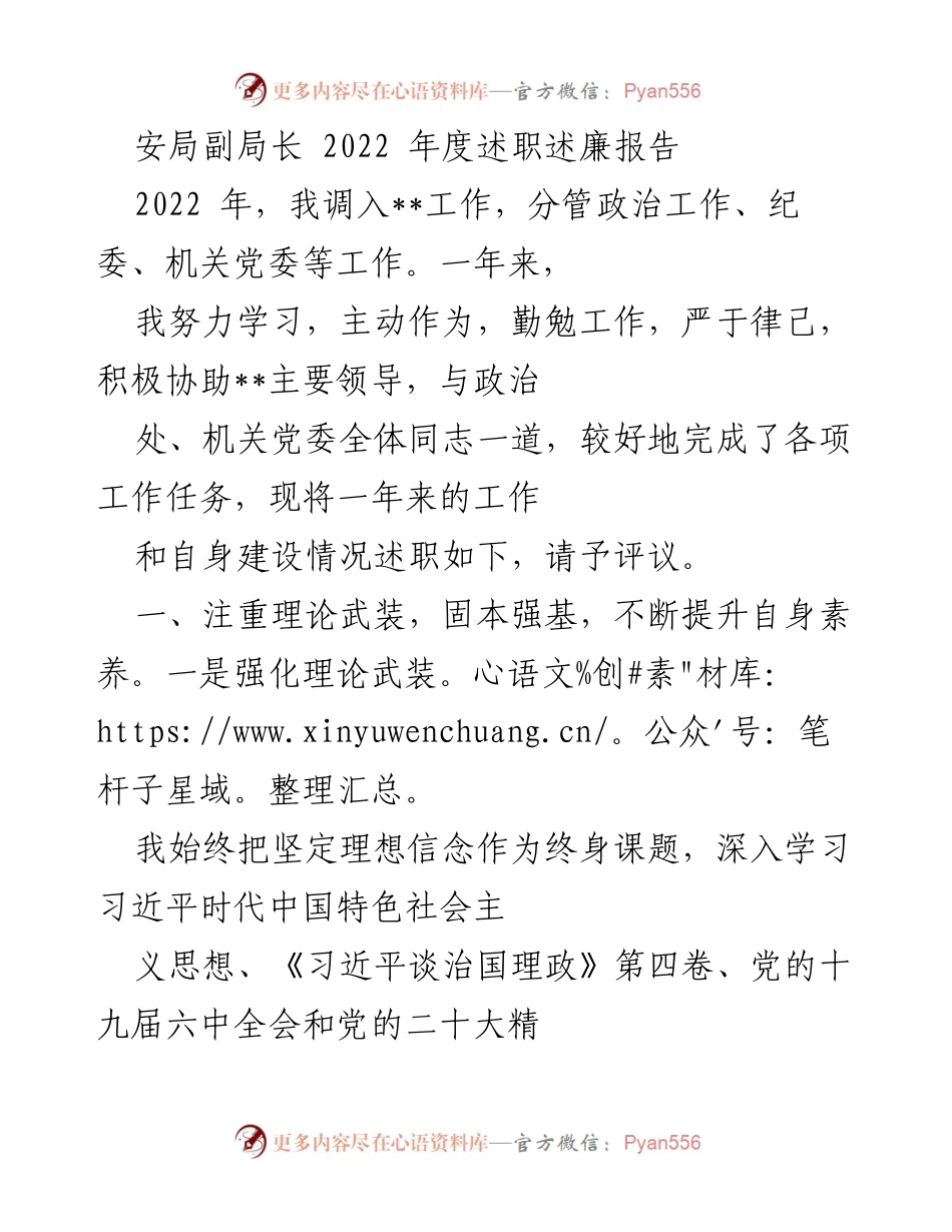 [述职报告] 年度工作总结 - 安局副局长2022年度述职述廉报告.docx_第1页