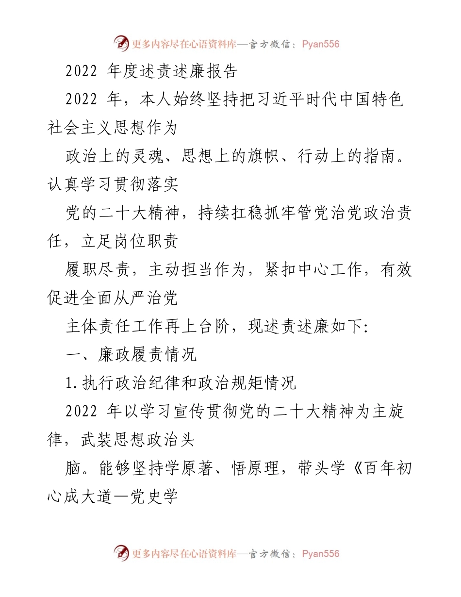 [述责述廉报告] 2022年度 - 坚守政治纪律，推动全面从严治党.docx_第1页