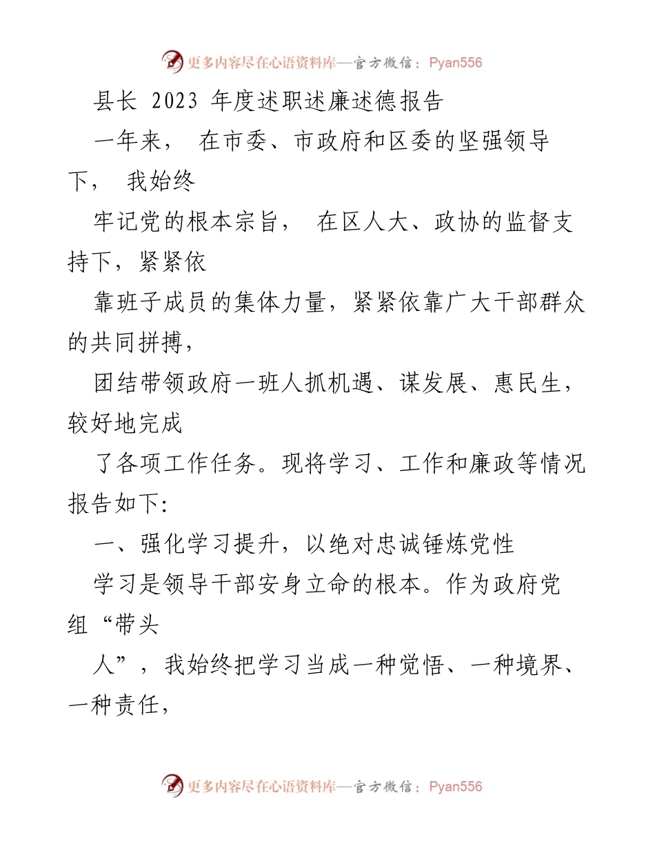 [述职报告] 年度总结 - 2023年度县长述职述廉述德报告.docx_第1页
