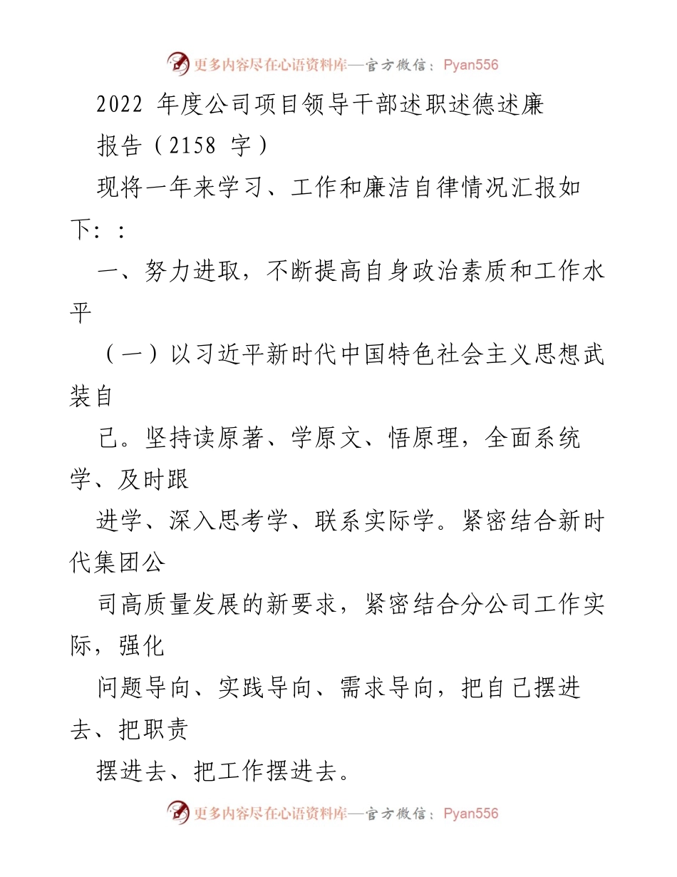 [述职报告] 年度总结 - 2022年度公司项目领导干部述职述德述廉报告_1.docx_第1页