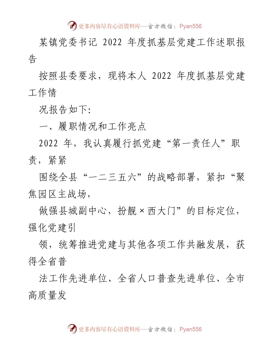 [述职报告] 基层党建工作 - 2022年度基层党建工作述职报告_21.docx_第1页