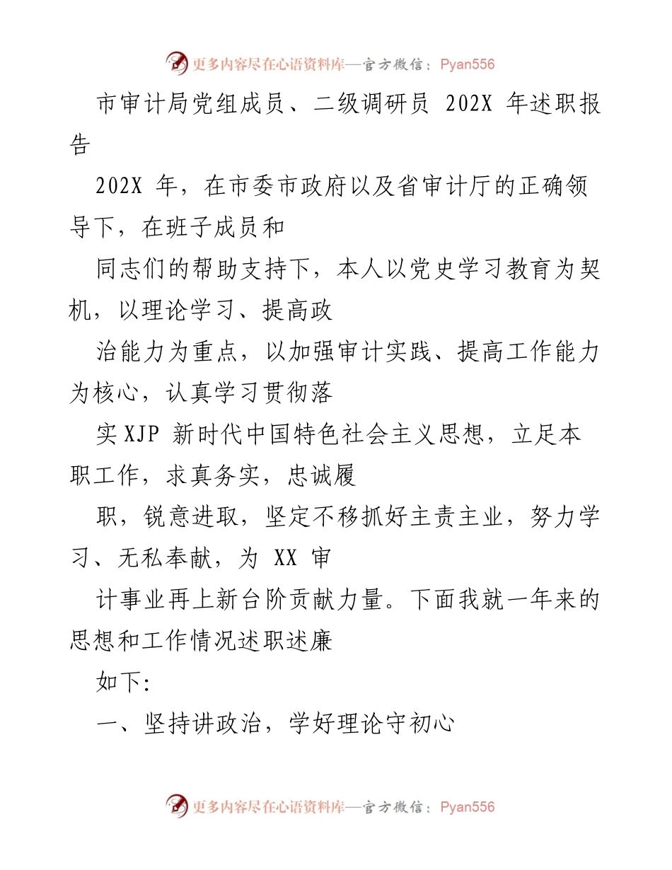 [述职报告] 市审计局 - 202X年审计局党组成员述职报告总结与反思.docx_第1页