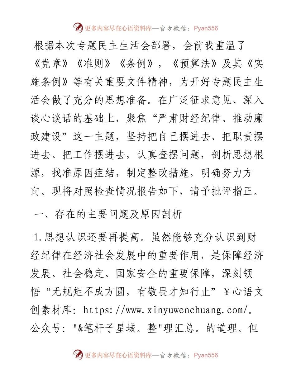 “严肃财经纪律、推动廉政建设”专题民主生活会对照检查材料.docx_第1页