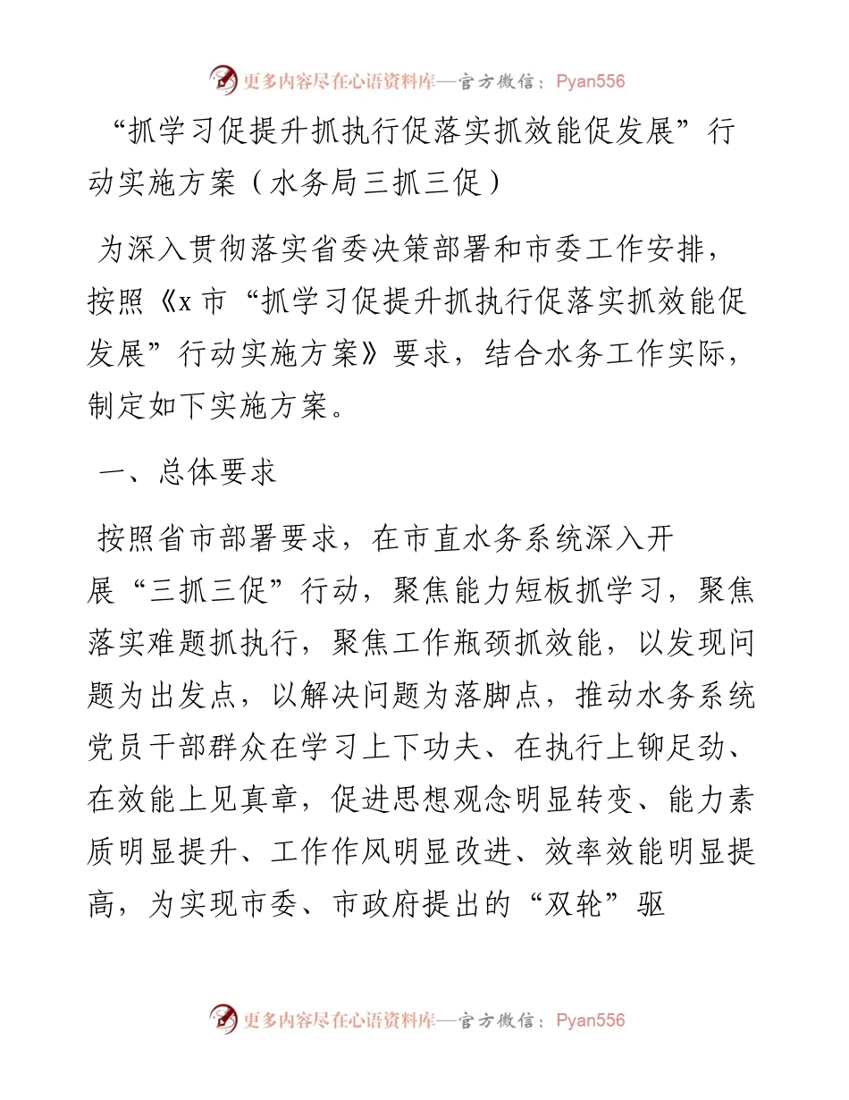 “抓学习促提升抓执行促落实抓效能促发展”行动实施方案（水务局三抓三促）.docx_第1页