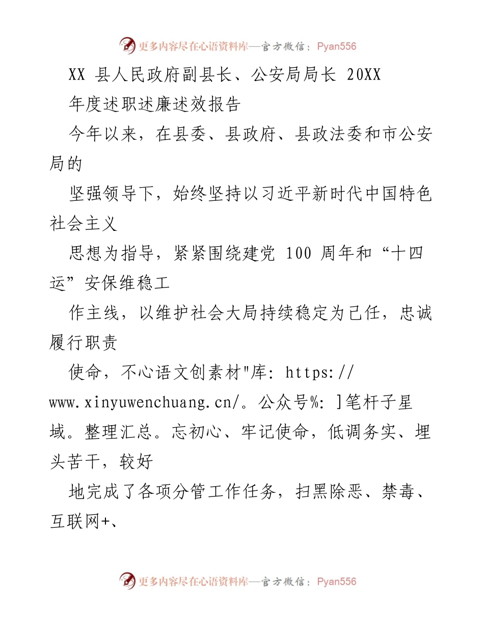 [述职报告] 年度述职 - XX县副县长公安局长年度述职述廉述效报告.docx_第1页