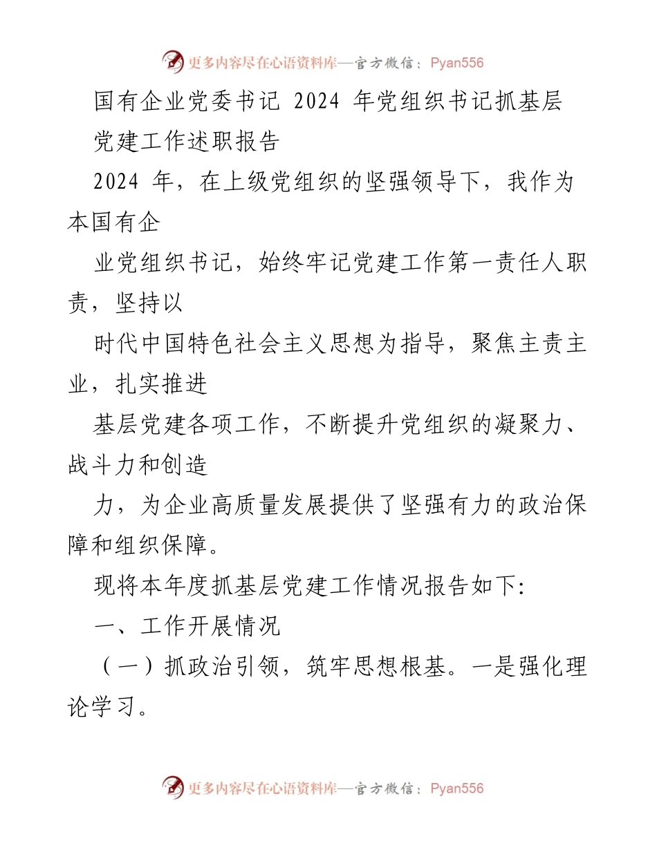 [述职报告] 国有企业党委书记 - 2024年度党组织书记基层党建工作述职报告.docx_第1页