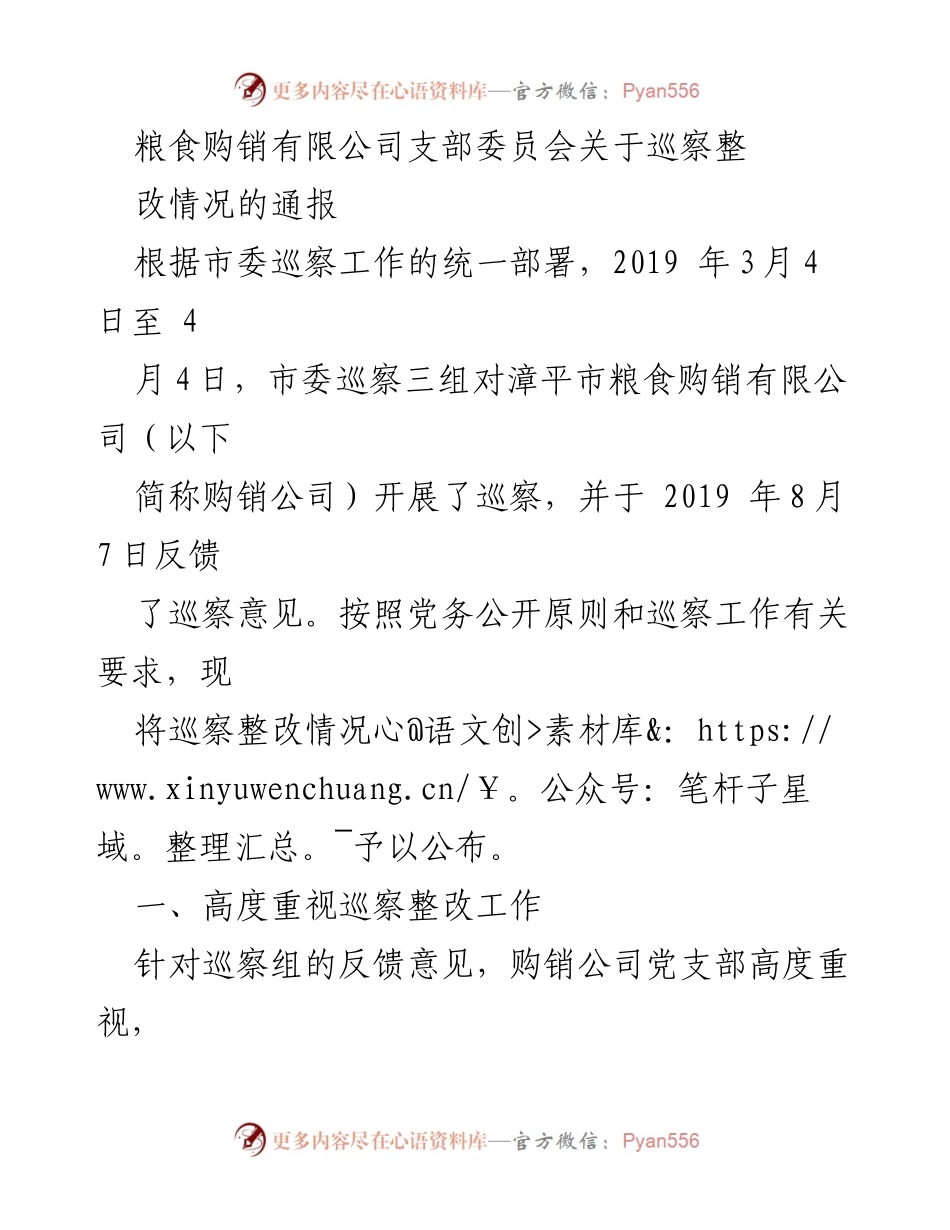 [通报] 巡察整改 - 粮食购销有限公司巡察整改情况通报.docx_第1页