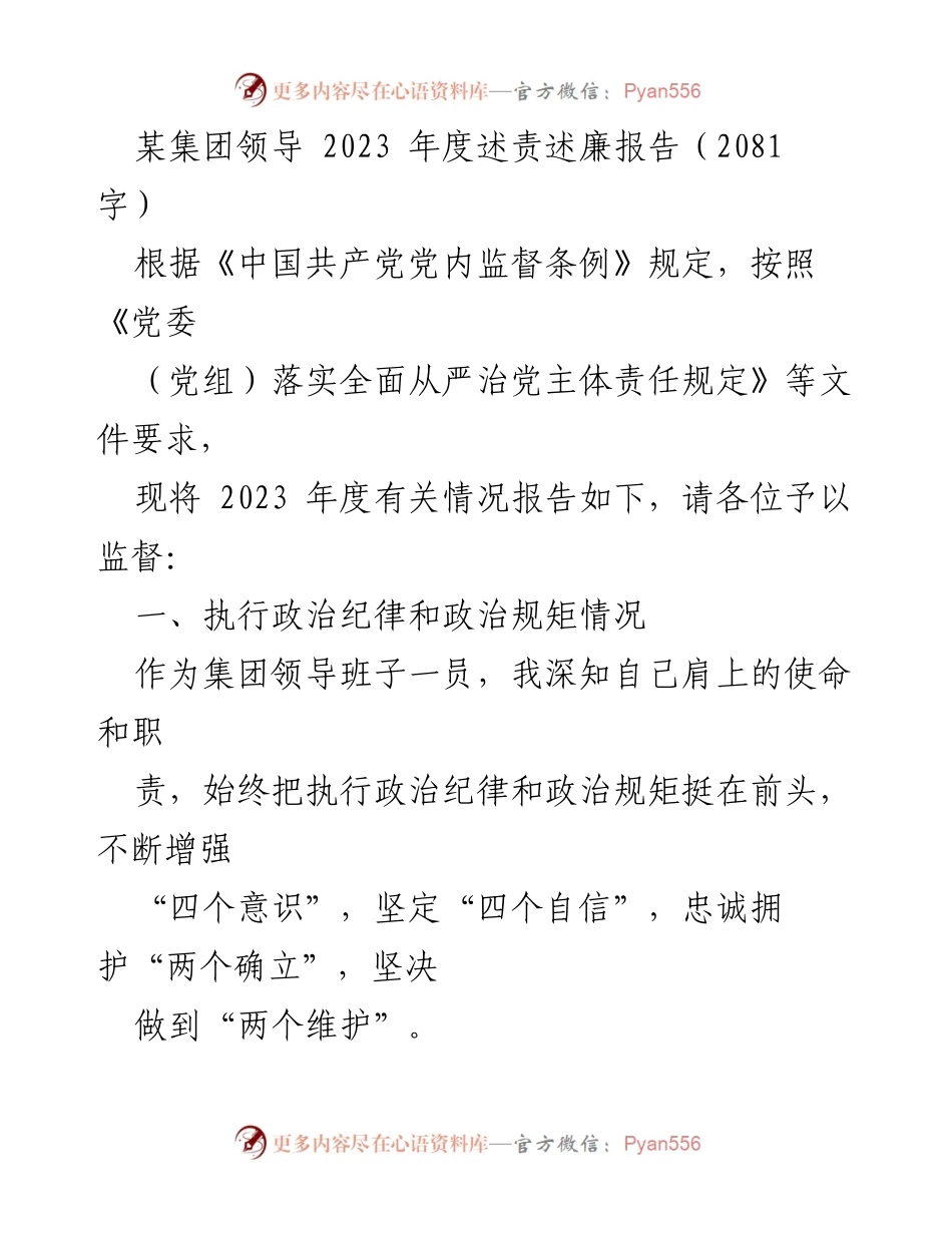 [述责述廉报告] 年度总结 - 2023年度集团领导述责述廉报告.docx_第1页
