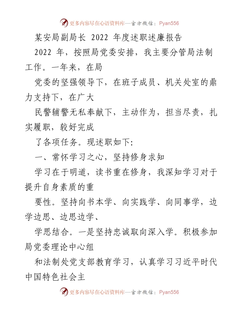 [述职报告] 安局年度工作总结 - 2022年度副局长述职述廉报告.docx_第1页