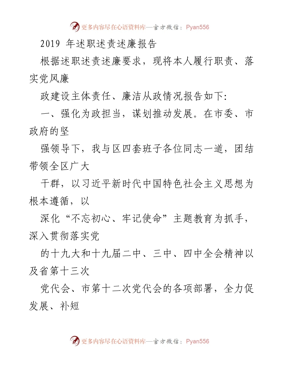 [述职报告] 述职述责述廉 - 2019年履职情况及发展思路总结.docx_第1页