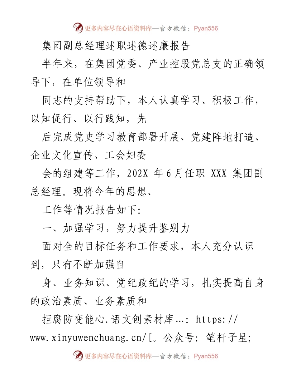 [述职报告] 集团副总经理任职总结 - 加强学习与履职尽责，提升执行力与业务素养.docx_第1页