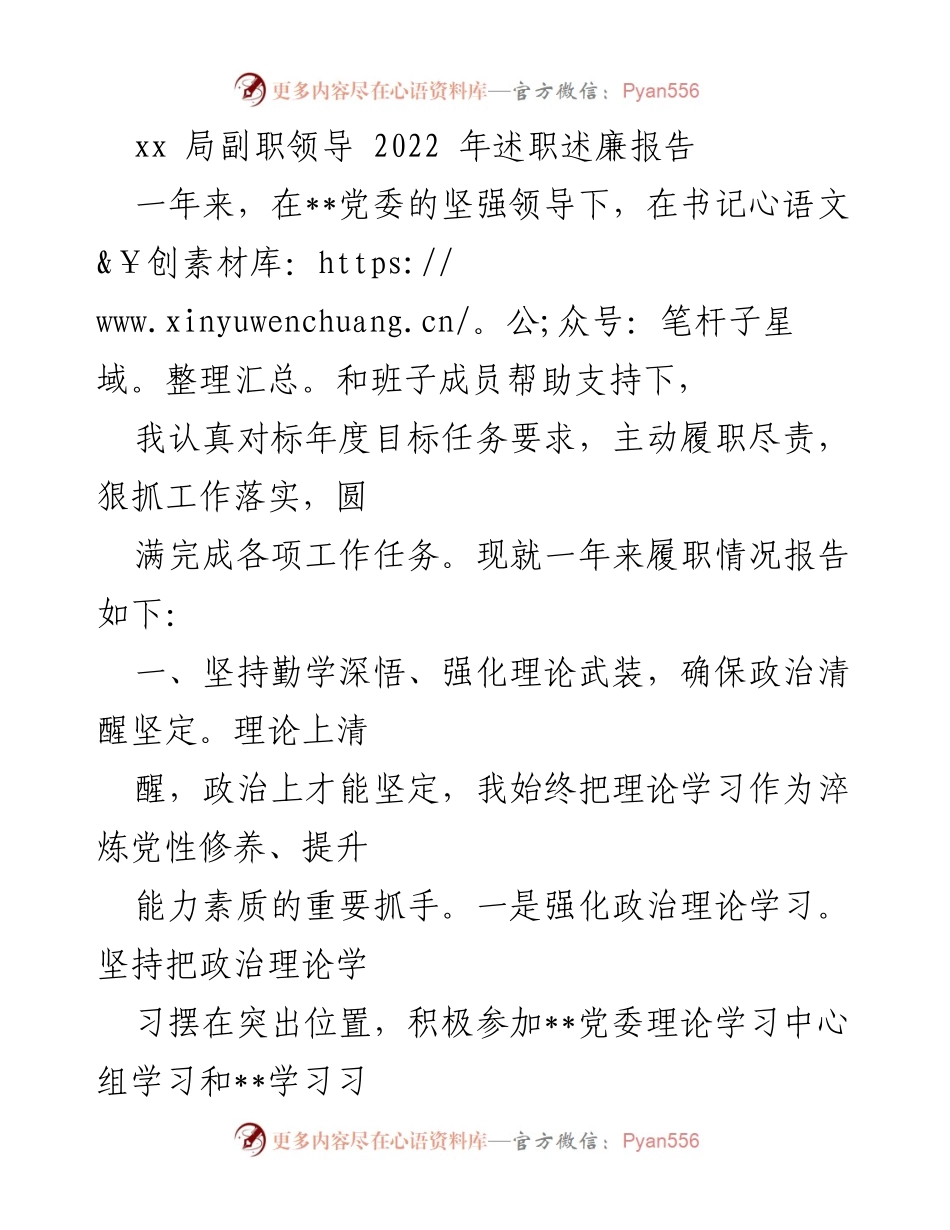 [述职报告] 年度总结 - 2022年度副职领导述职述廉报告.docx_第1页