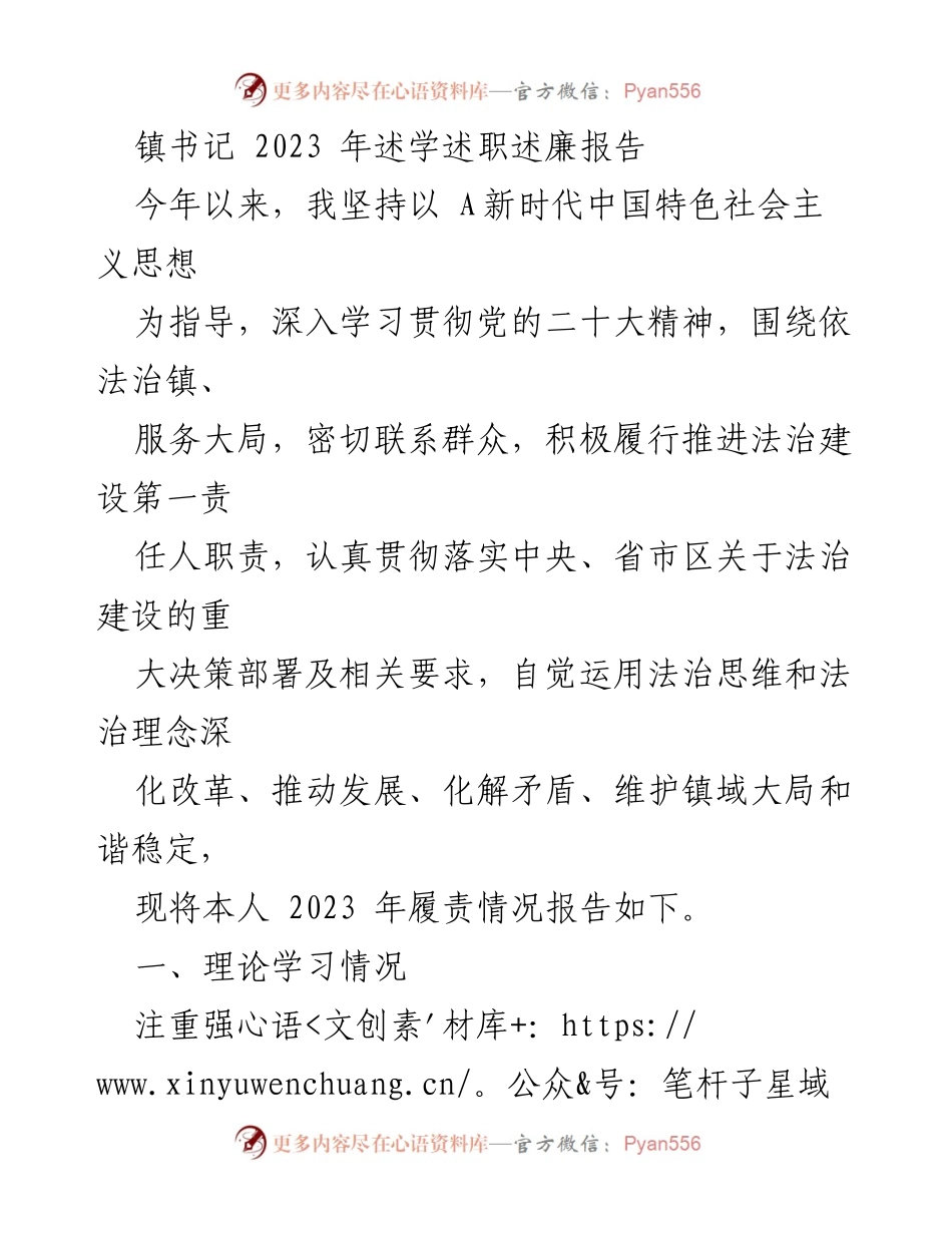 [述职报告] 镇党委会议 - 2023年镇书记述学述职述廉报告.docx_第1页