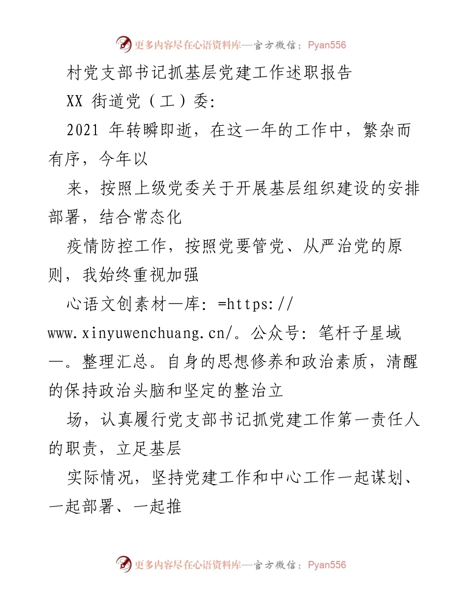 [述职报告] 村党支部 - 村党支部书记抓基层党建工作述职报告.docx_第1页