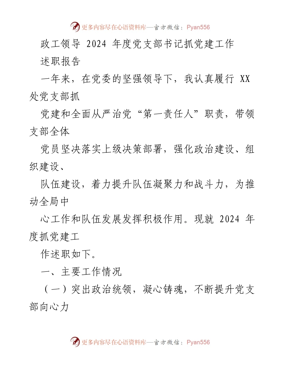 [述职报告] 年度总结 - 2024年度党支部书记抓党建工作述职报告.docx_第1页