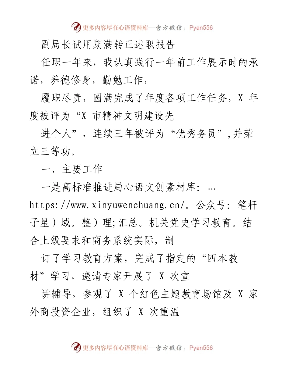 [述职报告] 职务转正 - 副局长试用期满述职总结报告.docx_第1页