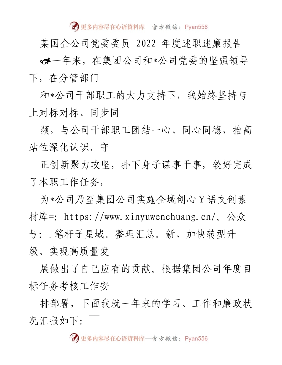 [述职报告] 国企党委会议 - 2022年度述职述廉报告摘要.docx_第1页
