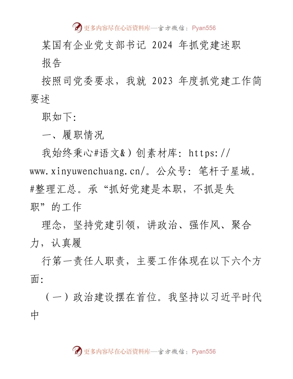 [述职报告] 国有企业党支部 - 2023年度党建工作述职总结_2.docx_第1页