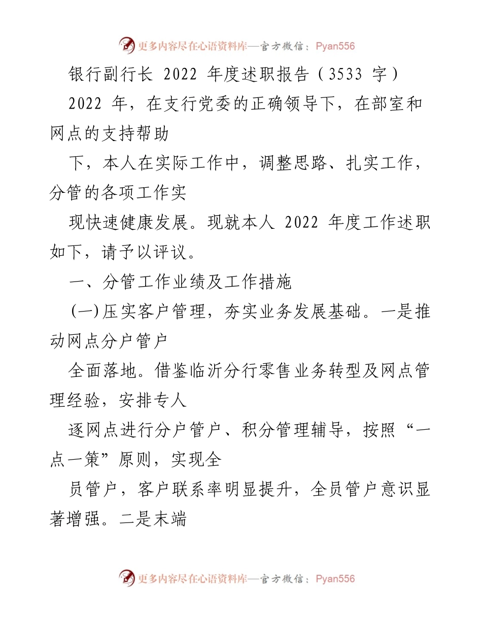 [述职报告] 银行年度工作 - 2022年度银行副行长述职报告.docx_第1页