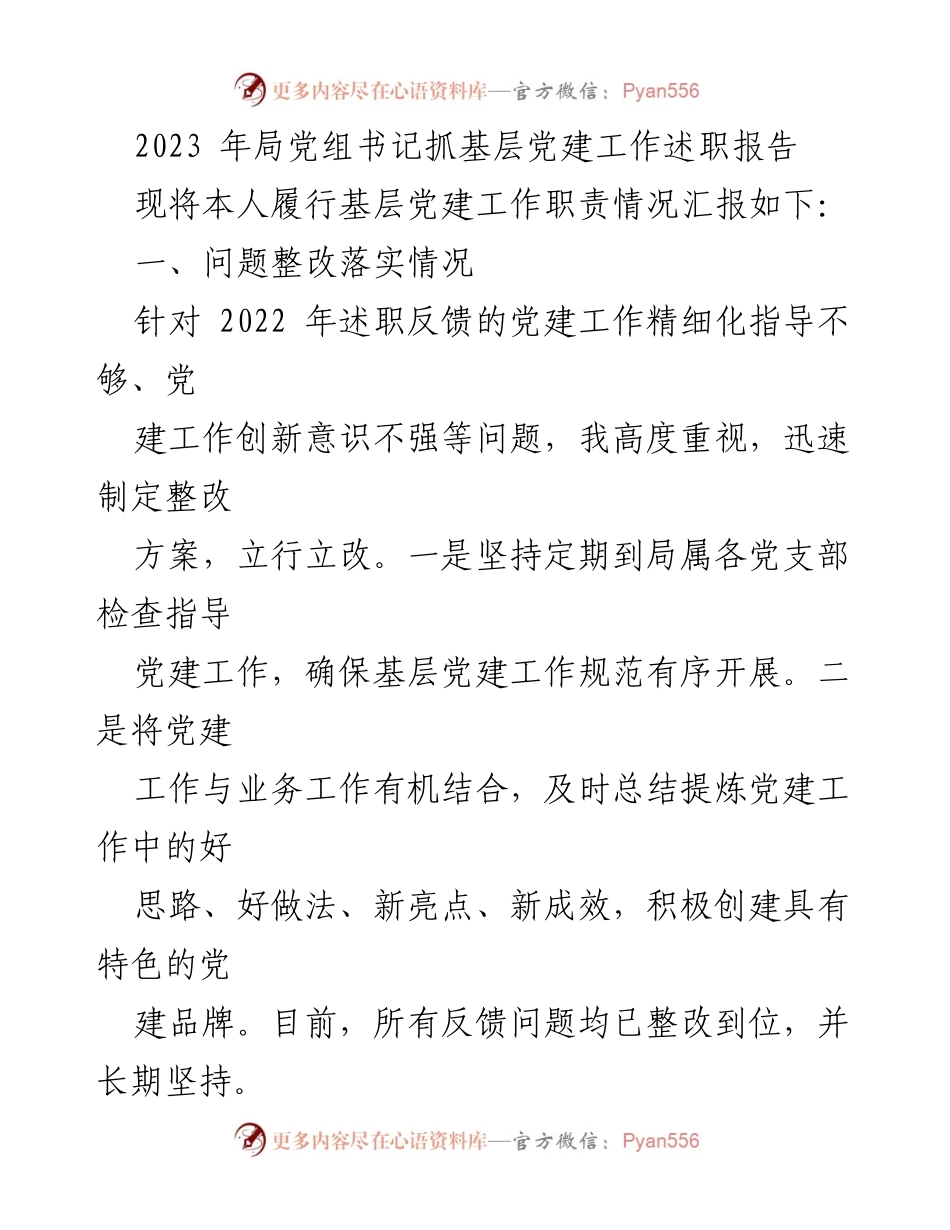 [述职报告] 局党组书记 - 2023年基层党建工作述职与整改落实情况报告.docx_第1页