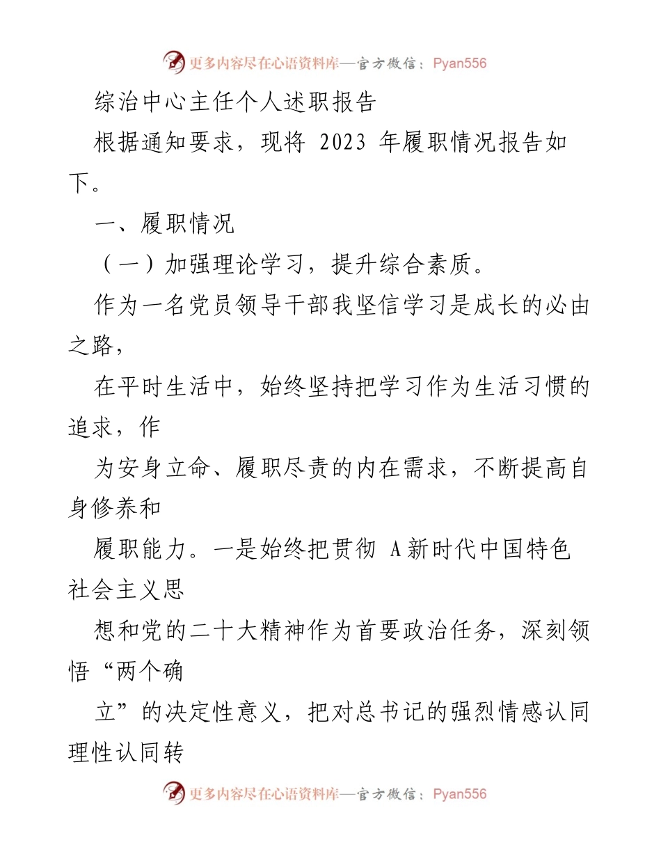 [述职报告] 综治中心 - 2023年综治中心主任履职情况总结_1.docx_第1页