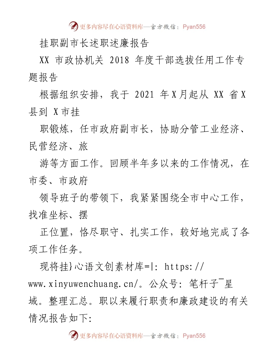 [述职报告] 挂职锻炼 - 挂职副市长述职述廉报告.docx_第1页