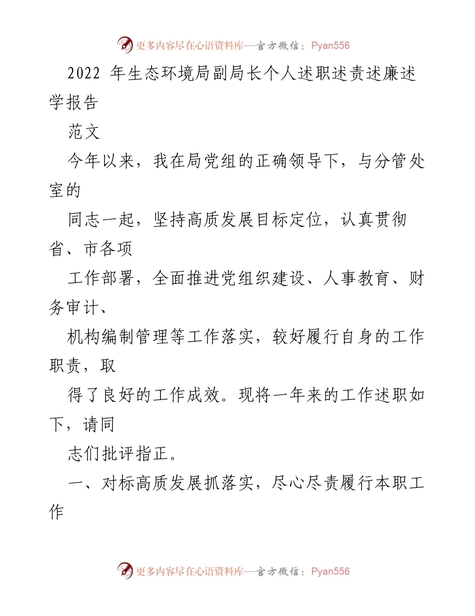 [述职报告] 生态环境局 - 2022年生态环境局副局长述职述责述廉报告.docx_第1页