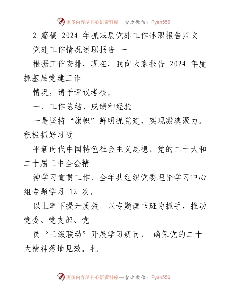 [述职报告] 基层党建工作 - 2024年度基层党建工作述职报告_2.docx_第1页