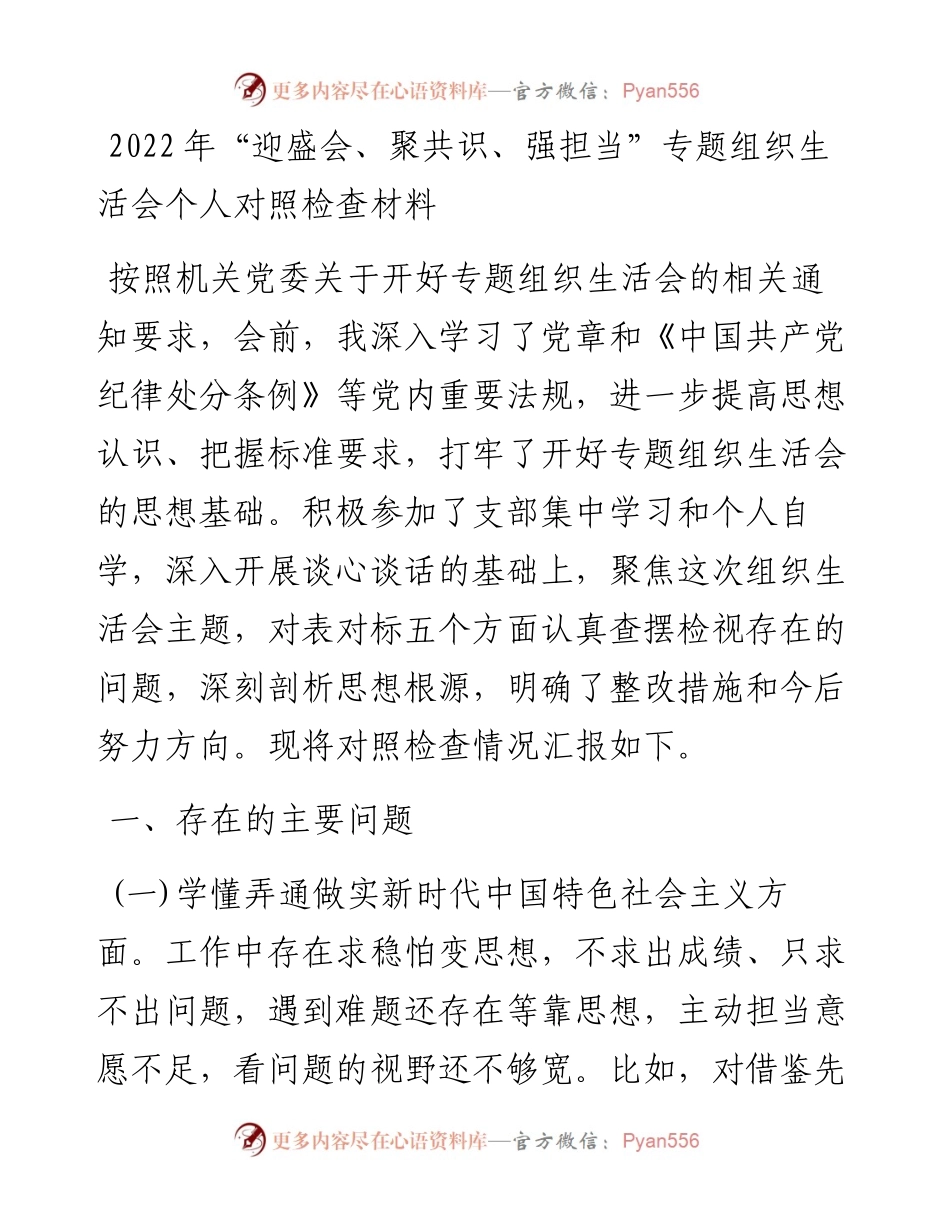 “迎盛会、聚共识、强担当”专题组织生活会个人对照检查材料.docx_第1页