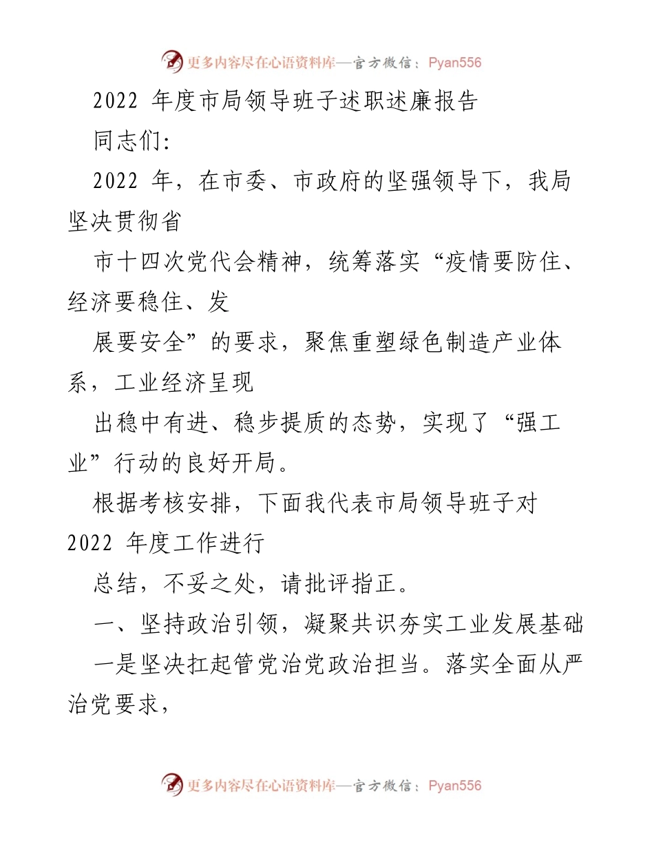 [述职报告] 年度工作总结 - 2022年度市局领导班子述职述廉报告.docx_第1页