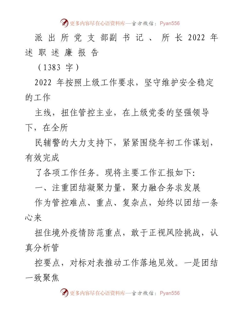 [述职报告] 年度总结 - 2022年派出所党支部述职述廉报告.docx_第1页