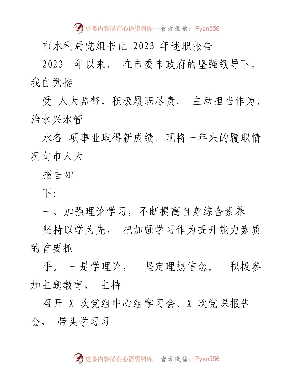 [述职报告] 市水利局 - 2023年水利局党组书记述职总结报告.docx_第1页
