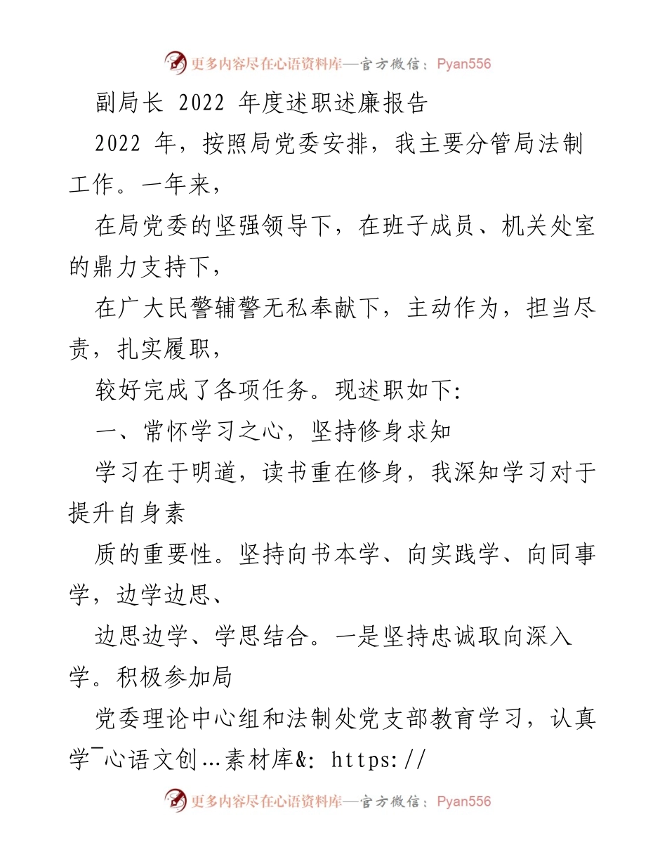 [述职报告] 年度总结 - 副局长2022年度述职述廉报告.docx_第1页
