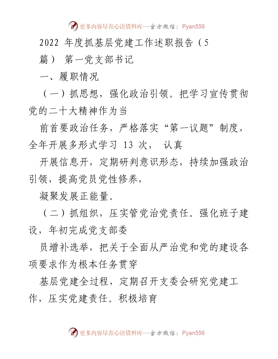 [述职报告] 基层党建工作 - 2022年度第一党支部书记抓党建工作述职报告.docx_第1页
