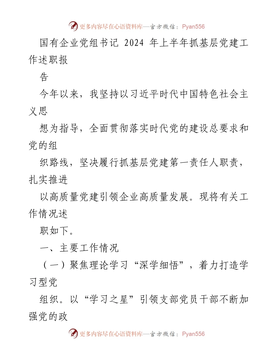[述职报告] 国有企业党组书记 - 2024年上半年基层党建工作述职总结.docx_第1页