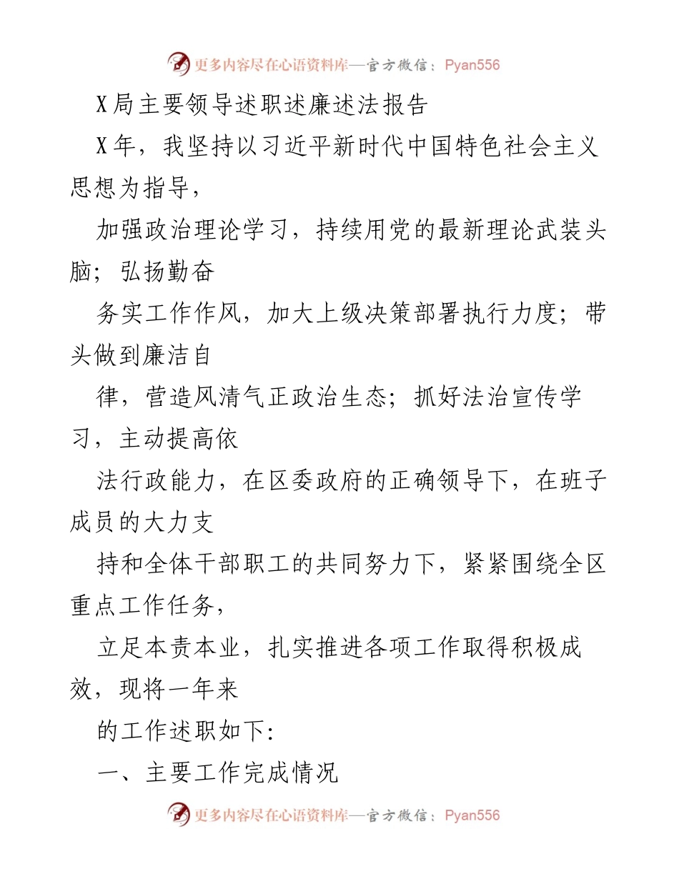 [述职报告] 年度工作总结 - X局主要领导年度述职述廉述法报告.docx_第1页