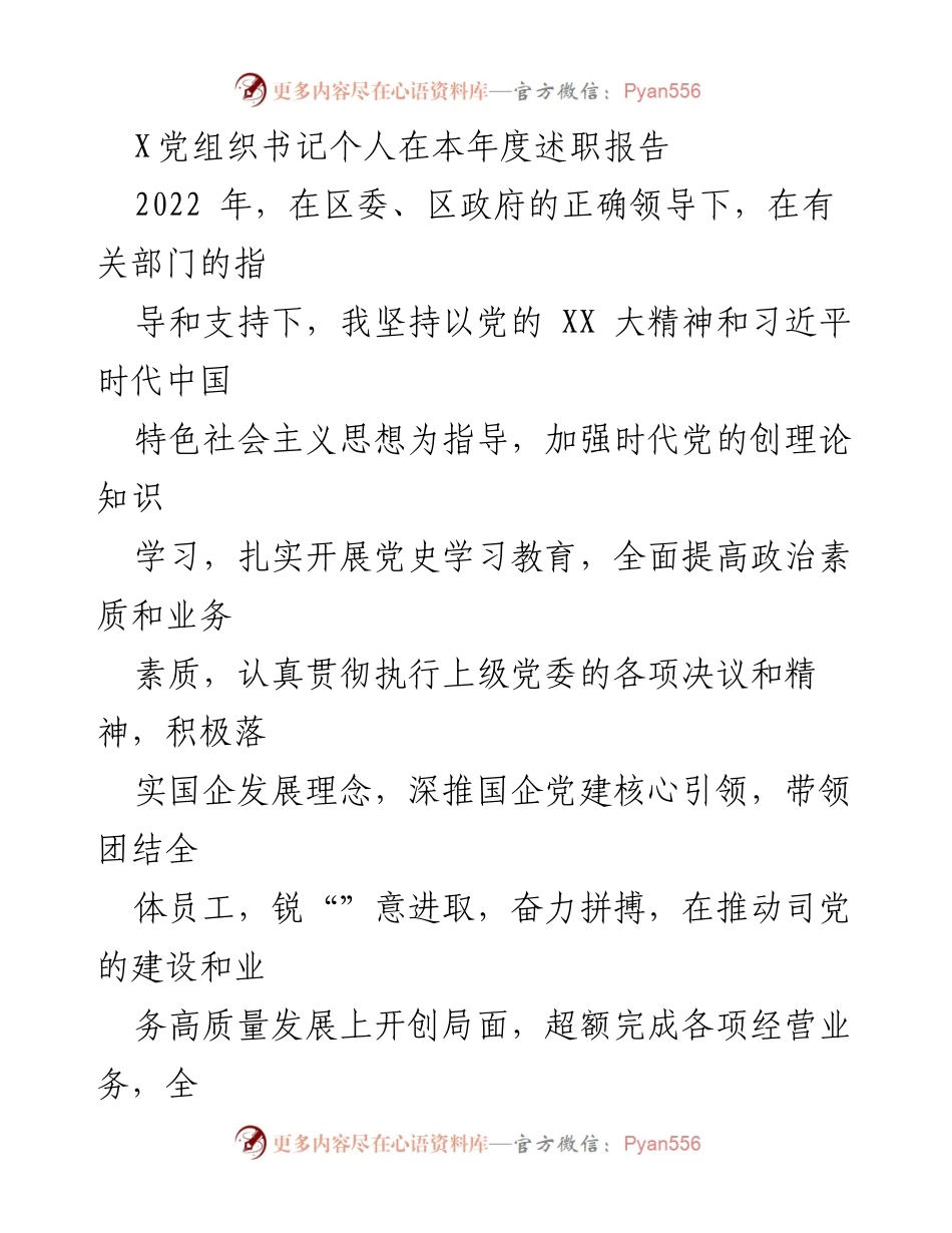 [述职报告] 年度总结 - 2022年度X党组织书记述职报告.docx_第1页