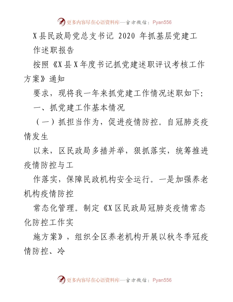 [述职报告] 民政局党建工作 - 2020年度X县民政局党总支书记抓党建工作述职报告.docx_第1页