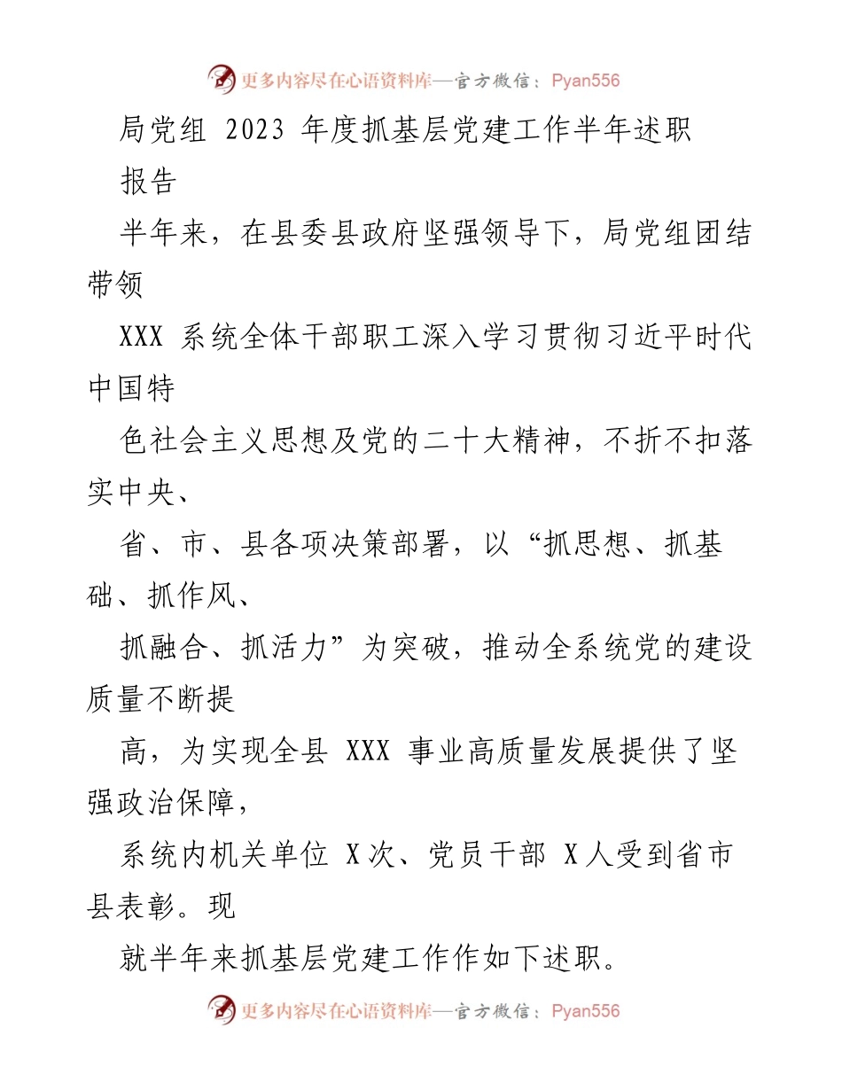 [述职报告] 局党组 - 2023年上半年基层党建工作述职报告.docx_第1页