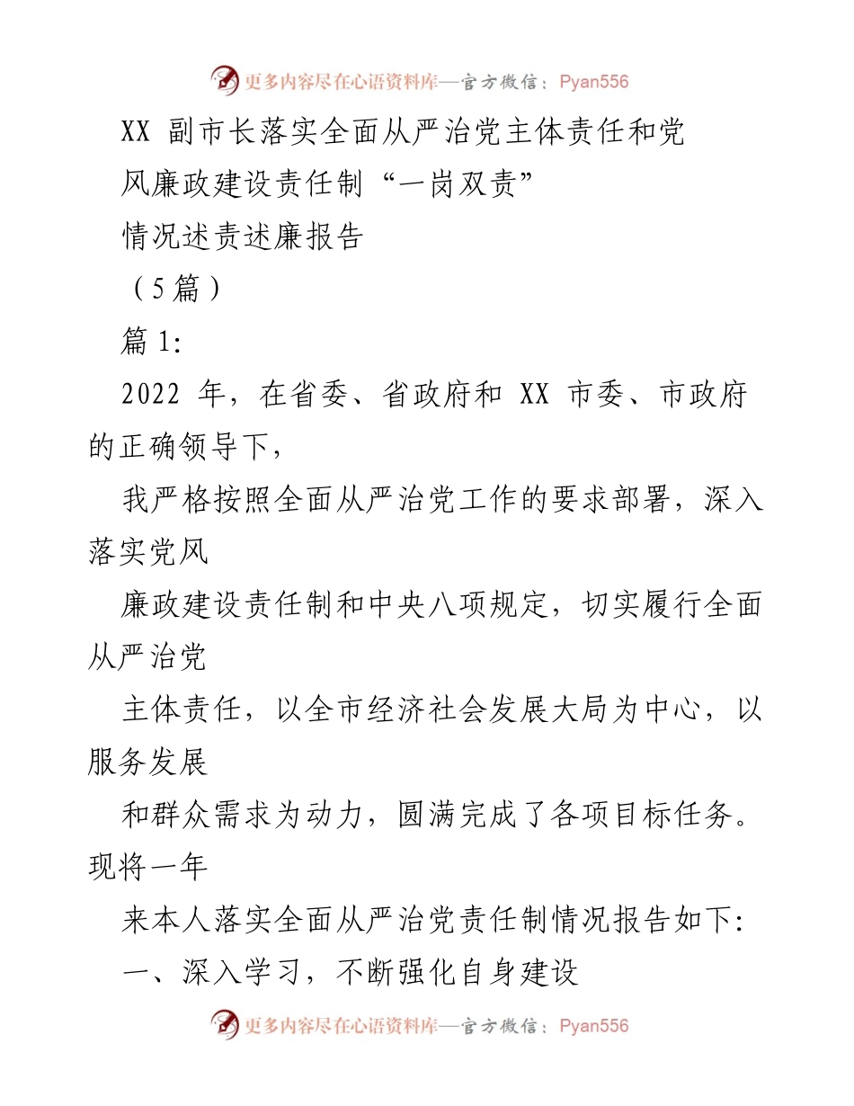 [述责述廉报告] 政府工作 - XX副市长全面从严治党责任落实情况总结.docx_第1页