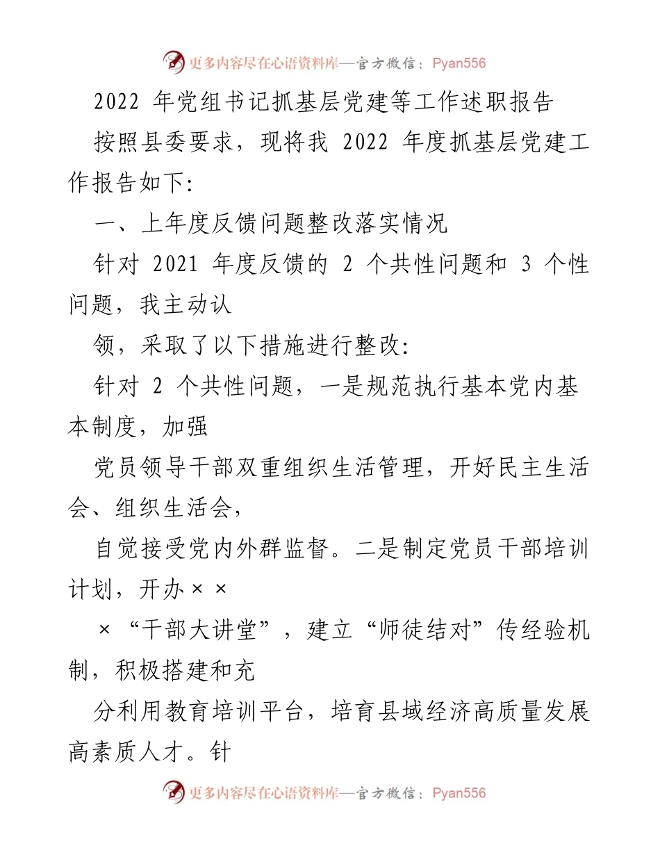 [述职报告] 基层党建工作 - 2022年度党组书记基层党建工作述职报告.docx_第1页