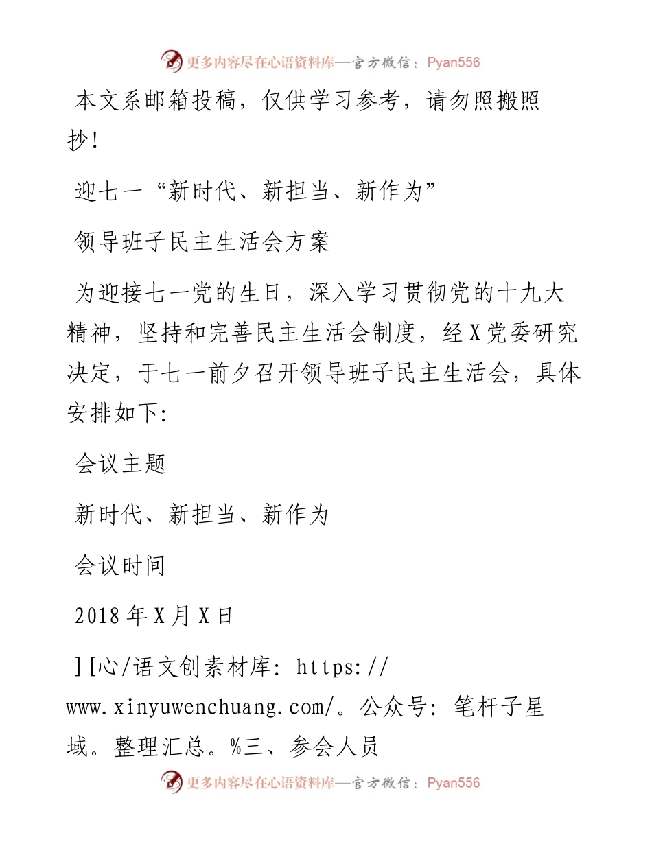 “新时代、新担当、新作为”领导班子民主生活会方案（范文）_4.docx_第1页