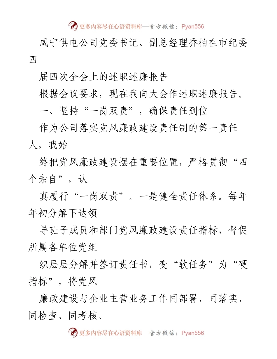 [述职述廉报告] 市纪委全会 - 咸宁供电公司党委书记述职述廉报告.docx_第1页