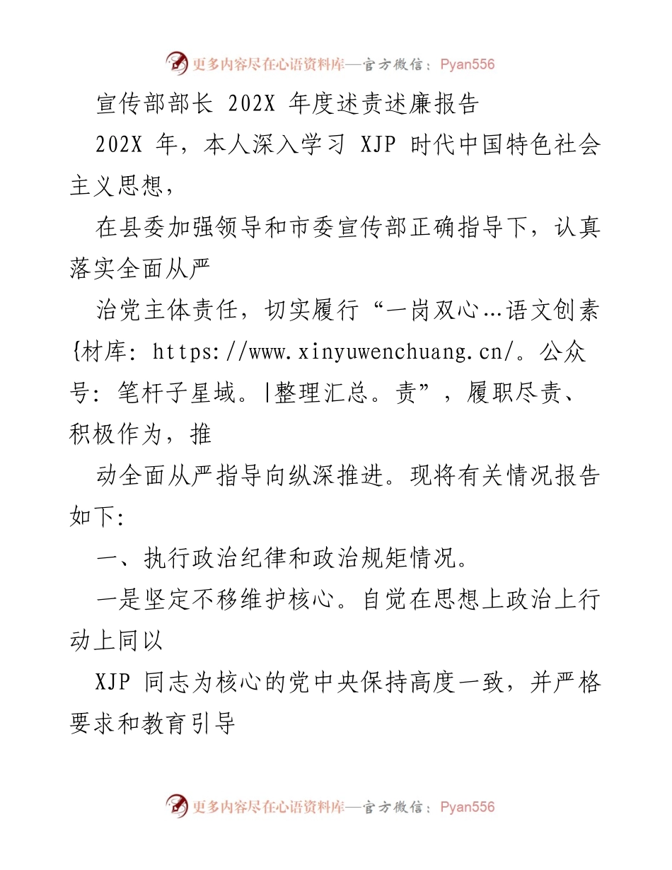 [述责述廉报告] 宣传部年度总结 - 202X年度宣传部部长述责述廉报告.docx_第1页
