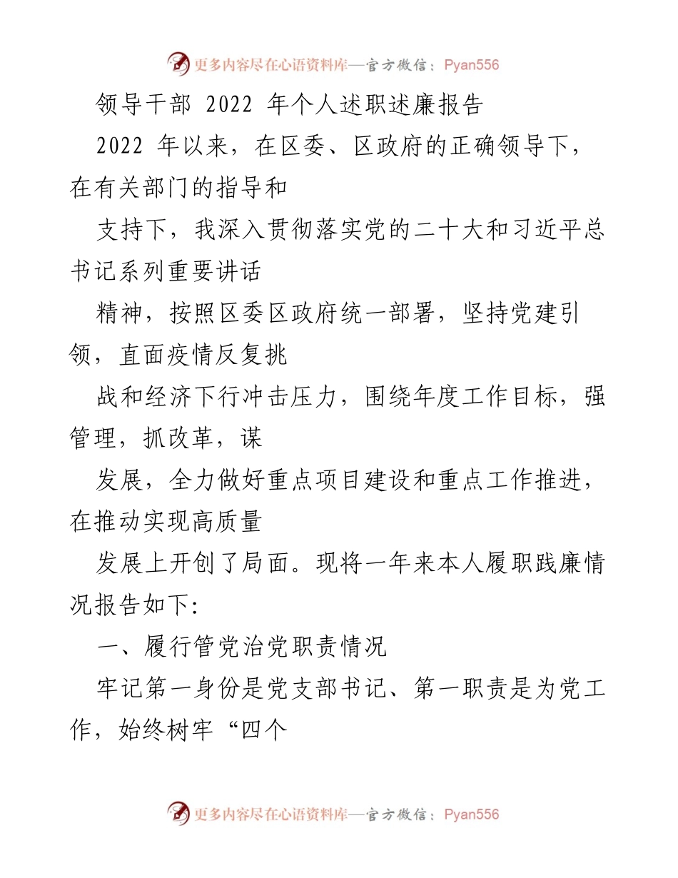 [述职报告] 年度工作总结 - 2022年度领导干部个人述职述廉报告.docx_第1页